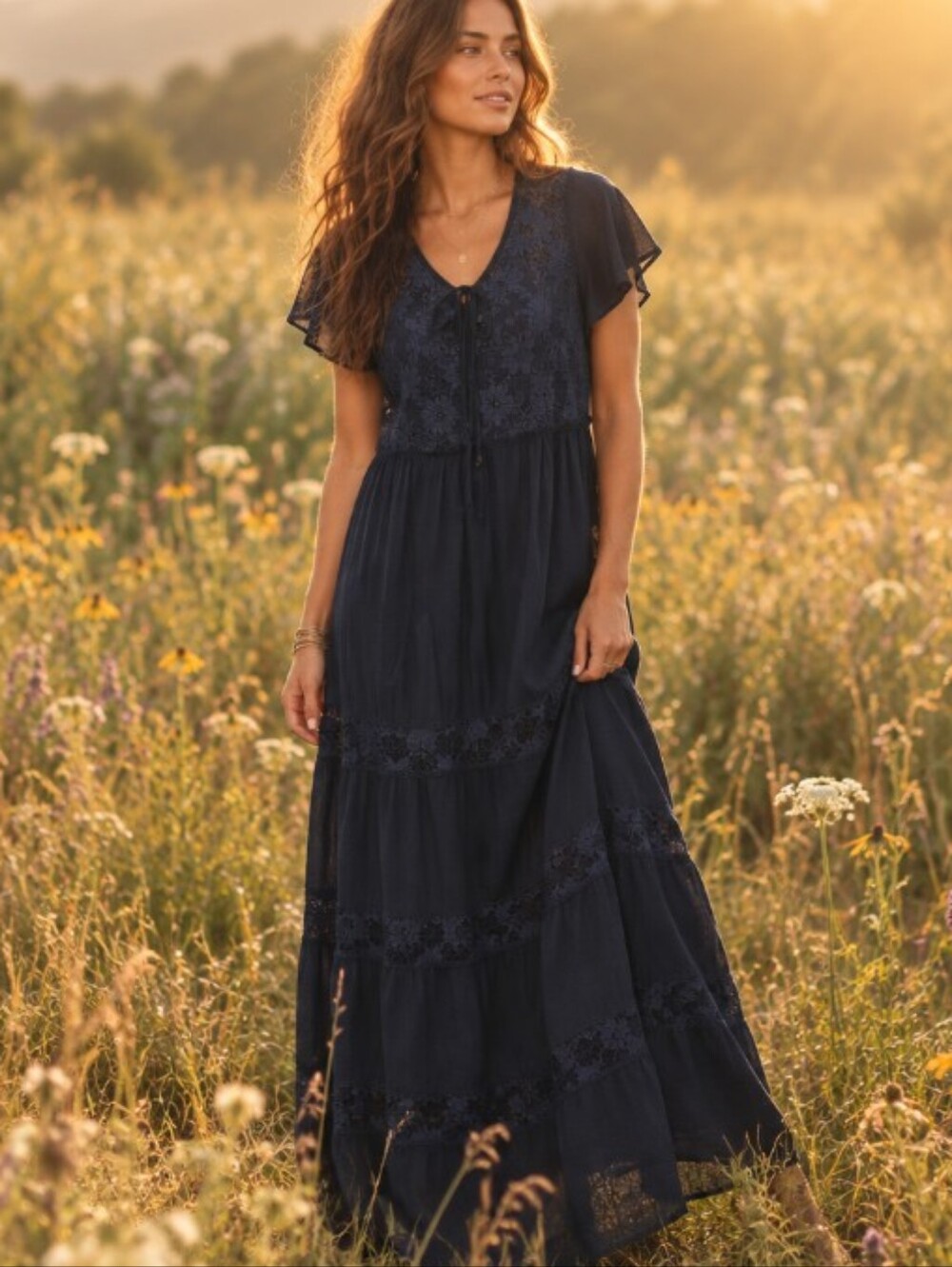NY Collection Navy Lace-Trim Tiered Maxi Dress with Flutter Sleeves